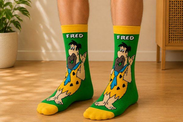 Green Fred Flintstone cartoon crew socks with colorful prehistoric character design