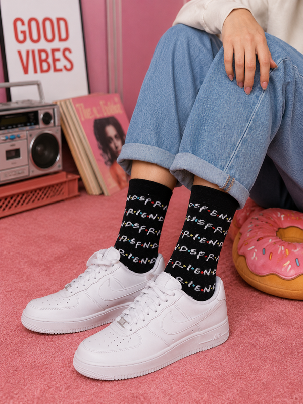 Black Friends inspired crew socks with repeated TV show logo pattern