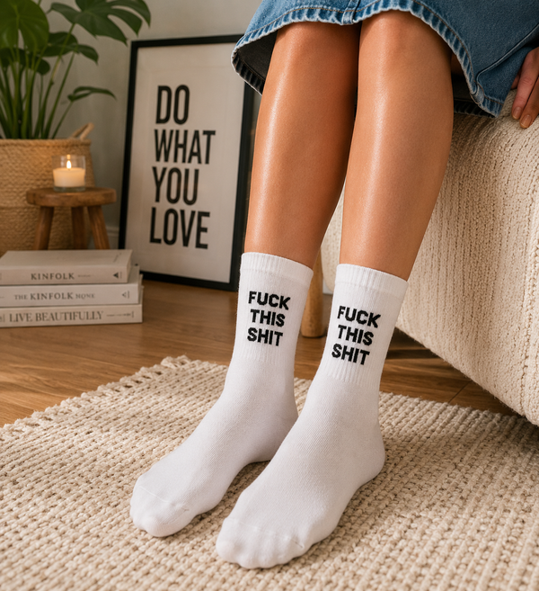 White crew socks with Fuck This Shit black text design