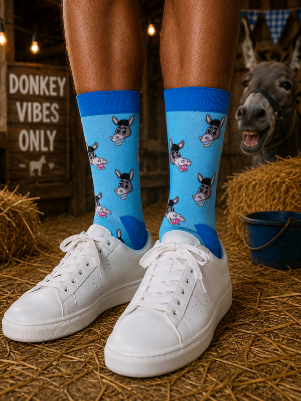 Light blue crew socks with an all-over funny donkey face pattern and bright blue toe and cuff details, displayed on a clean white background.