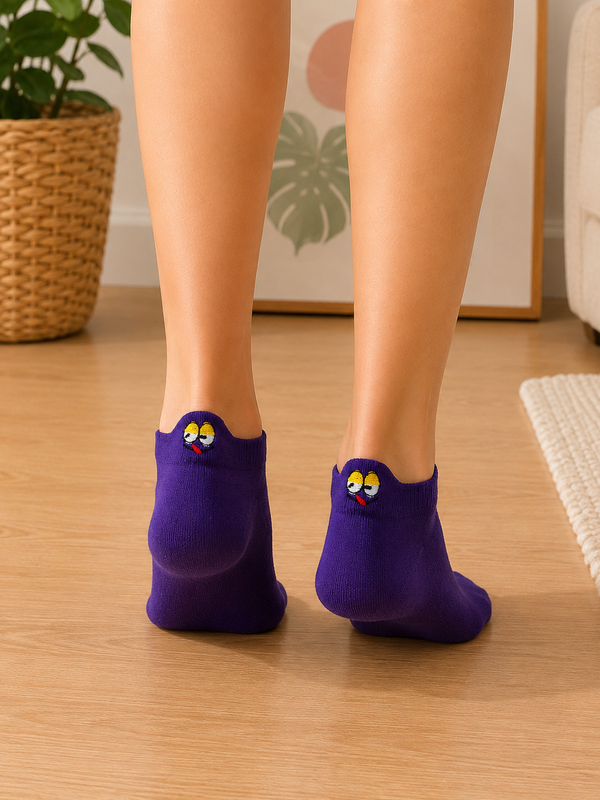 Funny Eyes Embroidered Purple Ankle Socks
