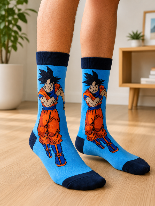 Pair of blue Goku Dragon Ball Crew Socks featuring the iconic anime character Goku wearing his orange outfit on a white background.