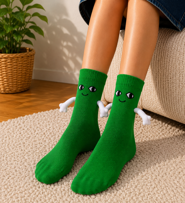 Green magnetic hug socks with smiling cartoon faces and connected plush arms