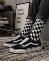 Grey crew socks with a black and white 3D geometric cube pattern design, featuring a modern and stylish minimalist look.