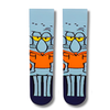 Funny cartoon-inspired crew socks featuring a grumpy blue octopus character wearing an orange shirt with navy and light blue details.