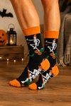Black Halloween crew socks with skeleton, pumpkin, and bat pattern and orange details