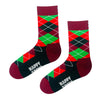 Happy Argyle Crew Socks. With striking red, green, black, and maroon diamond patterns, these socks add classic charm to any look.