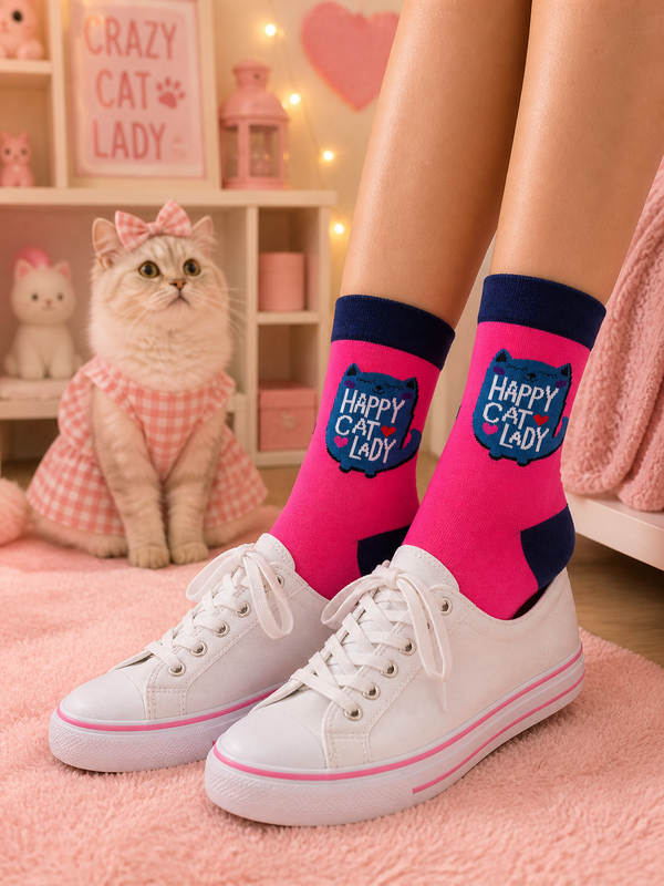 Pink Happy Cat Lady socks with cute cartoon cat design, unisex breathable crew socks