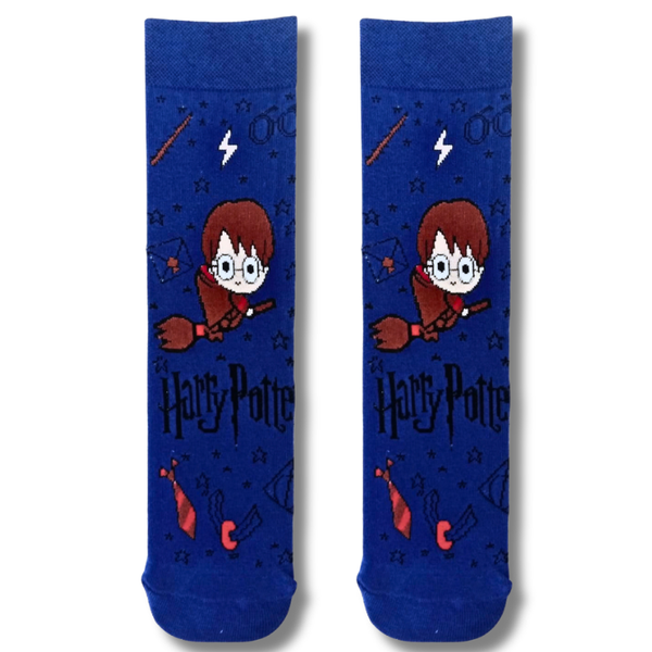 Blue Harry Potter crew socks with cartoon wizard on broomstick, stars, lightning and magical icons