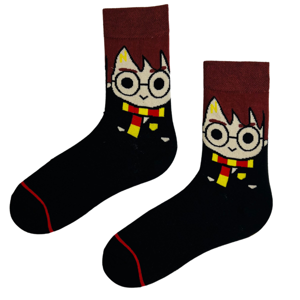 Harry Wizard Socks! Featuring a cute character design with glasses, a lightning bolt scar, and a Gryffindor-style scarf,