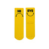 Hi Bye Yellow Mood Socks. Featuring a quirky smiley twist—one sock says “Hi” with a sad face and the other says “Bye” with a happy face.