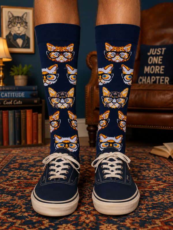 Dark navy crew socks featuring cute orange and white cats wearing glasses in a playful repeating pattern.