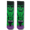 Green crew socks featuring a Hulk-inspired superhero graphic with black and purple accents on a full-length character design.