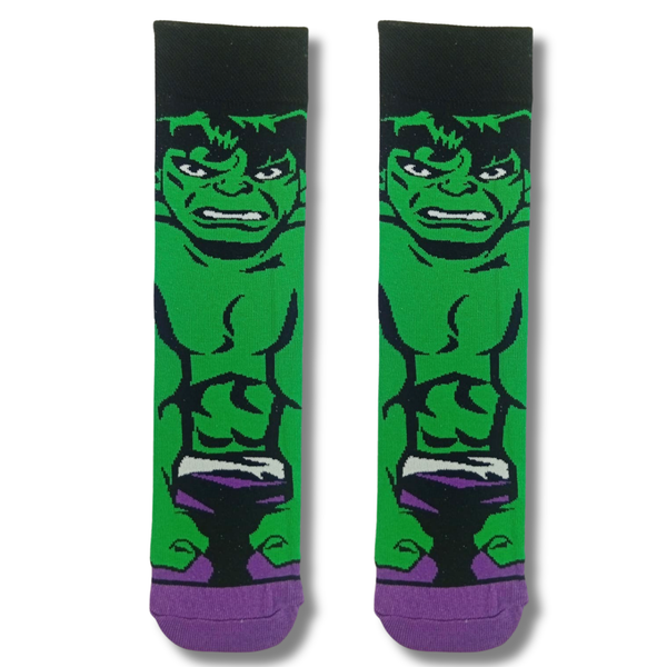 Green crew socks featuring a Hulk-inspired superhero graphic with black and purple accents on a full-length character design.