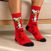Red crew socks with cartoon dog hugging a yellow bird and I Think I’m in Love statement