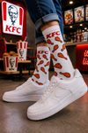 White KFC inspired crew socks with fried chicken drumstick pattern design