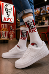White KFC inspired crew socks with Colonel Sanders graphic design