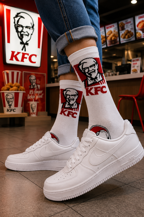 White KFC inspired crew socks with Colonel Sanders graphic design