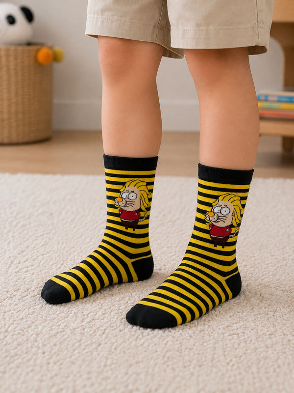 Kids yellow and black striped crew socks with a cartoon-inspired character for ages 7–9 years.