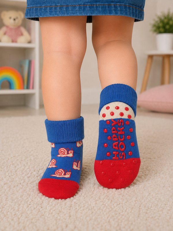 Blue snail patterned non-slip grip socks for toddlers aged 1–2 years with anti-slip silicone sole.