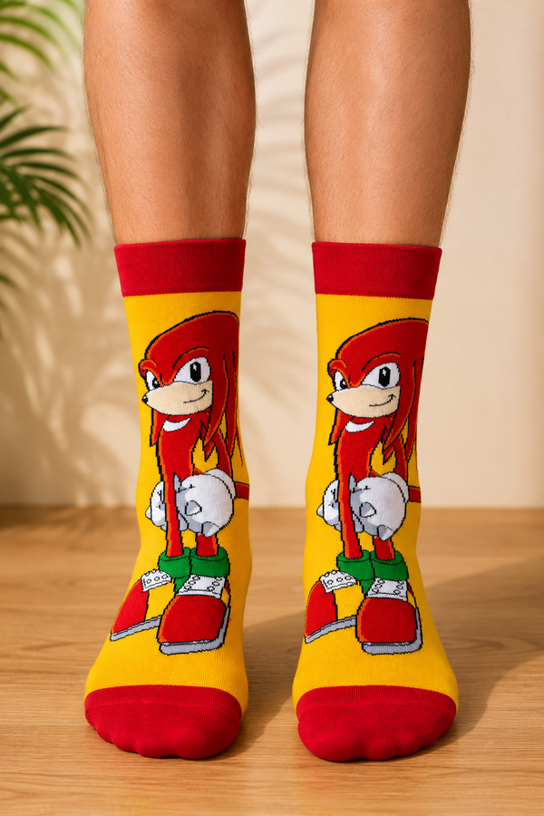 Knuckles Sonic character crew socks with yellow background and red gaming character design.