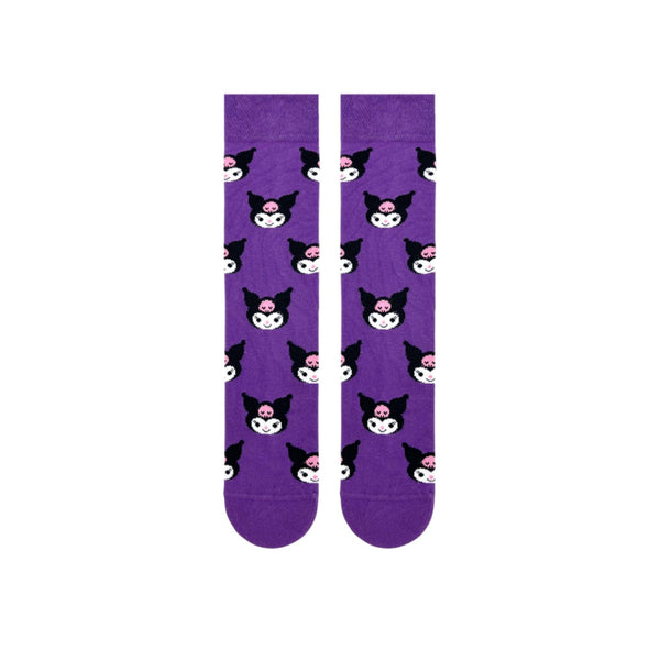 Kuromi-Purple Patterned Socks. Featuring a repeating print of the cheeky cartoon face in a bold purple background,