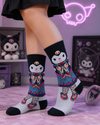 Kuromi character wearing a gothic princess dress on colorful crew socks.
