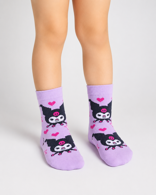 Lavender Kuromi kids crew socks for children aged 3–4 years featuring Kuromi with pink hearts.