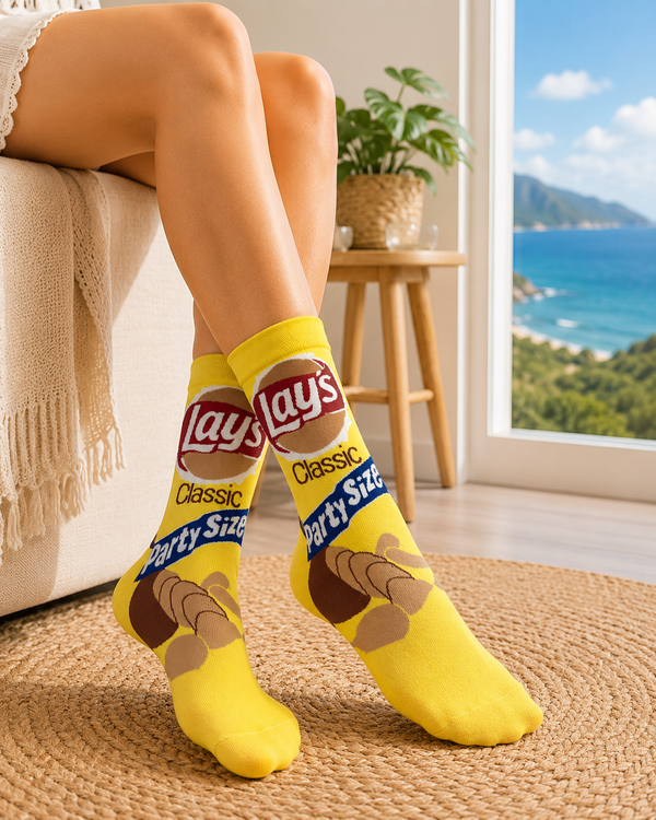 Yellow Lays chips inspired crew socks with snack packet style design