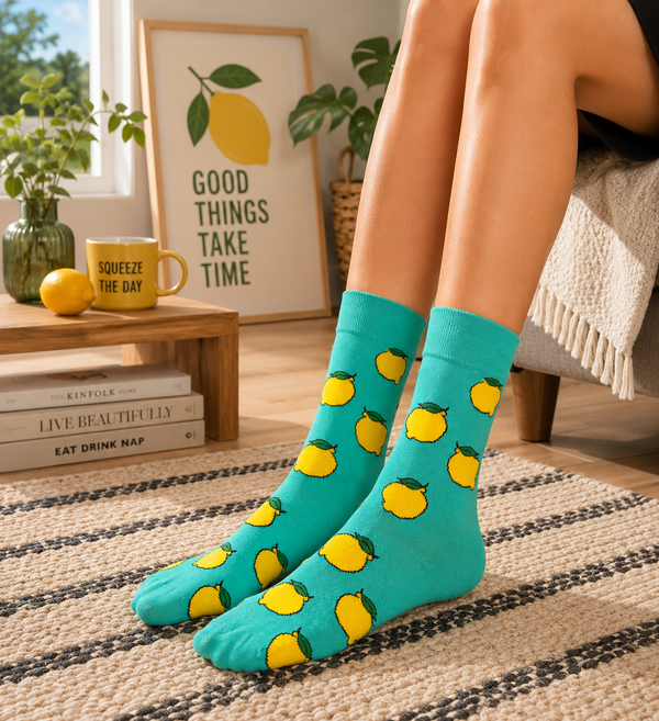 Turquoise crew socks with yellow lemon fruit patterns and green leaf details.
