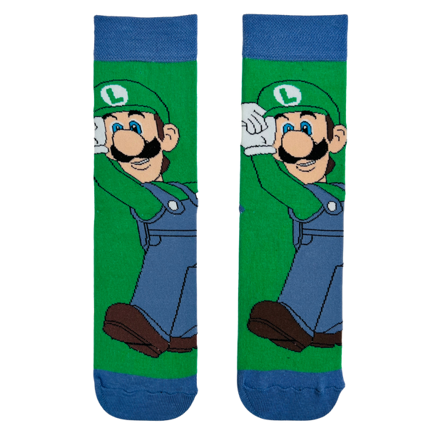 Luigi Green Gamer Socks, inspired by everyone's favorite pixelated plumber sidekick. Featuring a vibrant green background and detailed design, these socks are perfect for gamers and nostalgia lovers alike