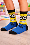 Yellow Minion character crew socks with full face design, breathable unisex socks for casual wear size 35 to 45