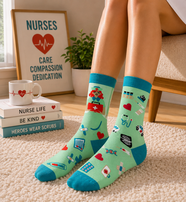 Mismatched green nurse and medical theme socks with stethoscope, ambulance, syringe, bandages, hearts, and nurse design