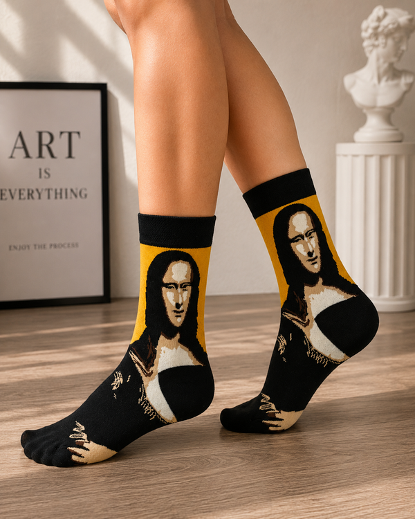 Black crew socks featuring a Mona Lisa inspired artwork design on a yellow background.