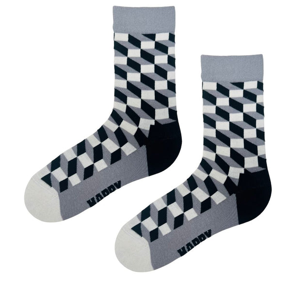 Monochrome Cube Illusion Socks. Featuring a 3D cube pattern in black, grey, and white, these socks add a bold visual twist to any outfit.