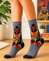 Grey crew socks featuring Mr. T with his signature mohawk, beard, gold chains and jewelry