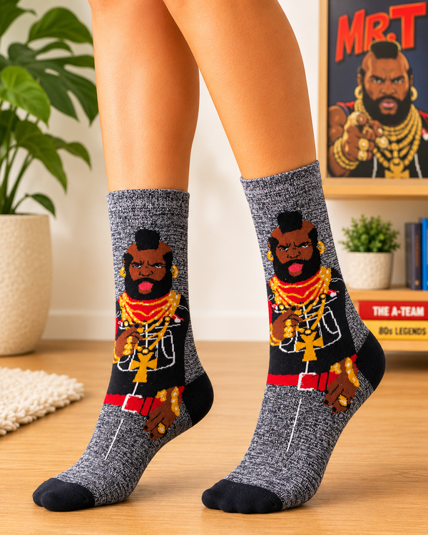 Grey crew socks featuring Mr. T with his signature mohawk, beard, gold chains and jewelry