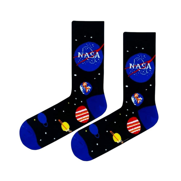 NASA Space Socks! Featuring bold NASA logos, colorful planets, and astronauts floating in the galaxy,