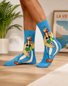 Blue Obelix cartoon crew socks featuring retro comic character artwork
