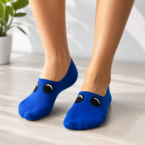 Blue Oreo Eyes Invisible Socks with cartoon eye design, unisex no-show socks for everyday wear.