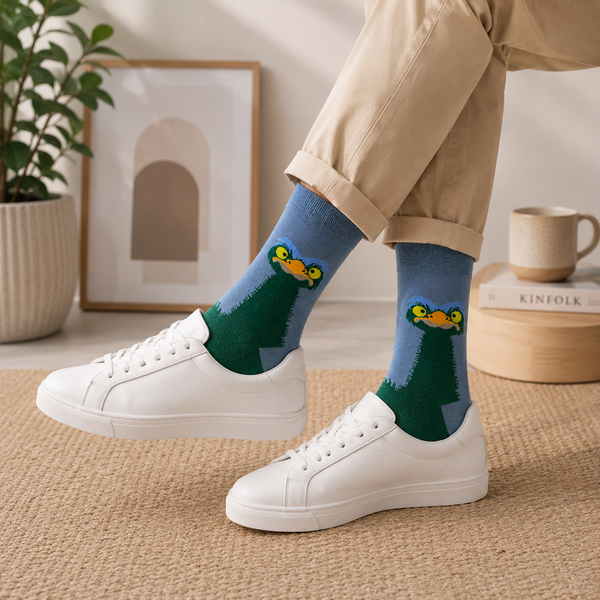 Light blue and green crew socks featuring a playful ostrich face design with bright yellow eyes and a long green neck, made from soft cotton for a fun and comfortable everyday style.