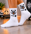 White crew socks featuring a roaring panda face graphic with a black paw print design.