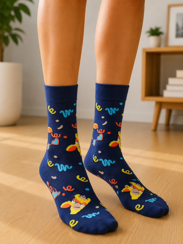 Navy blue crew socks featuring a cute giraffe wearing party glasses with colorful confetti, streamers, and hearts on a soft cotton fabric.
