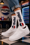 White Pepsi inspired crew socks with classic retro logo design