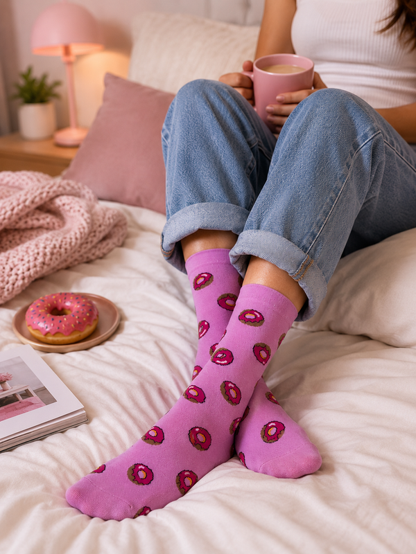 Pink crew socks with colorful donut pattern dessert design