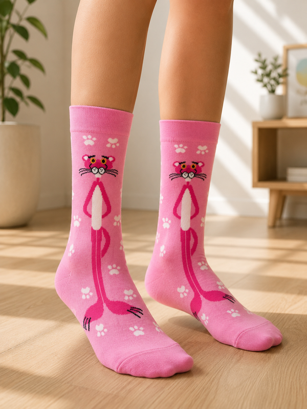 Pair of bright pink Pink Panther Crew Socks featuring the classic Pink Panther character with white paw print patterns on a white background.