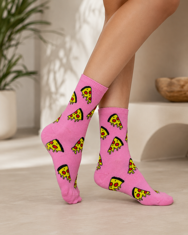 Pink socks with repeating pizza slice pattern design