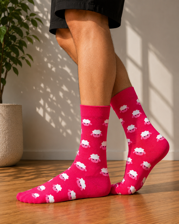 Bright pink crew socks featuring an all-over pattern of cute white sheep faces.