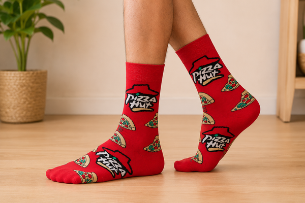 Red pizza-themed crew socks with pizza slice pattern design