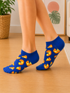 Blue ankle socks with colorful pizza slice pattern for men and women.